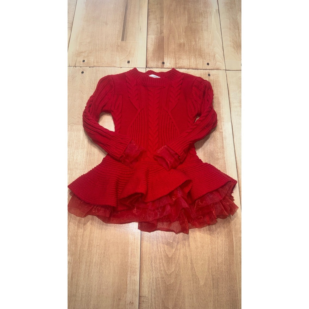 Aile Rabbit Red Cable Knit‎ Ruffle Tulle Dress Girls Size 140